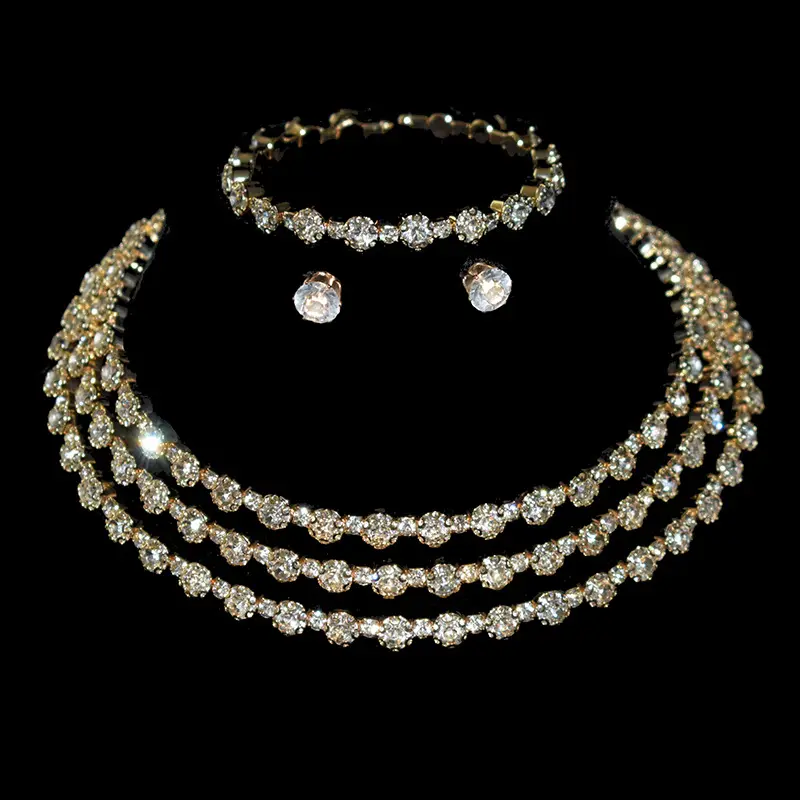 Di lusso singola fila di diamanti flash collana orecchini da sposa per le donne jeweley collana orecchini bracciale set