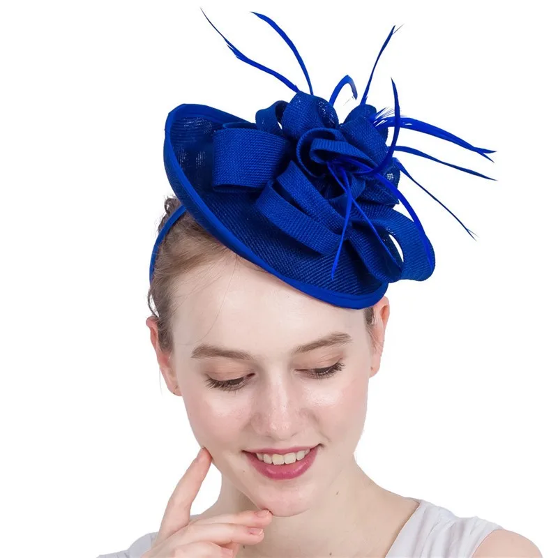 Blue Sinamay Feather Pillbox Fascinator Headband Derby Hat for Wedding Party Royal Blue Fascinator Kentucky Derby Organza Hat Royal Blue  main image 4