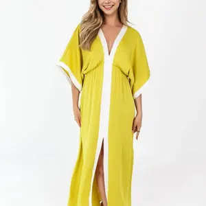OEM Factory Vacation Yellow Gold Polyester Midi Sleeve V Neck White Side Sexy Elegant Casual Daily Ladies Long Dresses