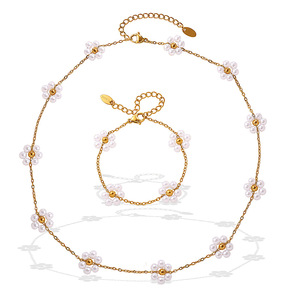 Floral <b>Bracelet</b> And Necklace <b>Set</b> Imitation Pearl Gold Plated Women's Jewelry Party Fashion - Product Image 5