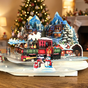 Christmas 3D Pop-Up Greeting Card with Train and Cabin Scene <b>Paper</b> Die Cut <b>Gloss</b> Lamination Birthday & Graduation - Product Image 3