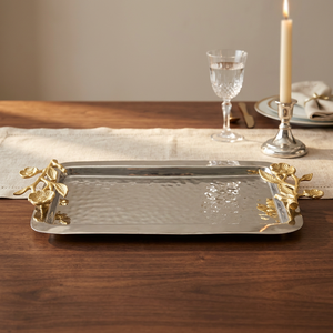Plateau de service de luxe bicolore en acier inoxydable avec bordure dorée, plateau à café et thé en métal avec poignées gravées pour la décoration intérieure - Product Image 4