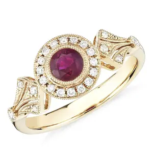 14k Yellow Gold Ruby and Pave Diamond Halo Vintage Inspired Milgrain Ring Cluster Ring
