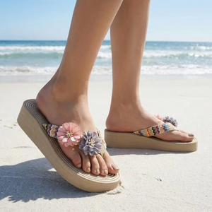 <b>Sweet</b> Holiday Woven Flip Flops for Girls <b>Flower</b> Design Thick Sole EVA Beach Vacation Slippers - Product Image 1