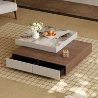 Table basse à deux niveaux carrée en placage de noyer avec plateau en pierre frittée, double tiroir de rangement, style moderne du milieu du siècle, pour la maison et l'hôtel