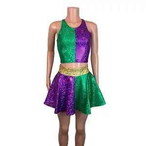Mardi Gras Color Block Outfits Girls High Neck Tank Top Skater Skirt Holiday Metallic Set