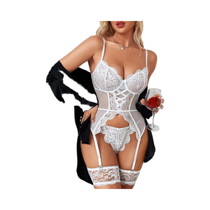 Ensemble de lingerie sexy en satin pour femme, style babydoll, body avec dentelle, porte-jarretelles, maintien léger, bas non inclus - Product Image 3