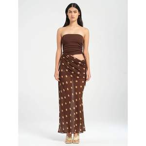 Conjunto de 2 Piezas Personalizado para Mujer 2026, Top Tubo sin Mangas, Falda Larga de Malla con Estampado de Polka, Atuendo Transpirable de Gasa para Vacaciones - Product Image 1