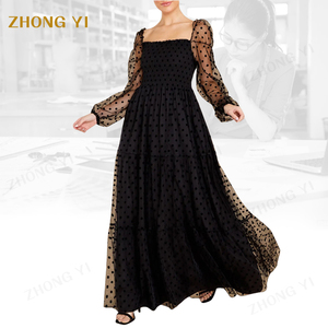 Ropa de fábrica al por mayor de las mujeres de gasa de malla encantador negro de lunares de impresión de <span class=keywords><strong>manga</strong></span> larga elegante Casual Maxi vestidos - Product Image 2