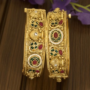 Traditional Imitation Antique Gold Plated Openable Temple Kada Bangles Set with <b>Ruby</b> Green Stone Pearls for Women Girls Wedding - Product Image 5