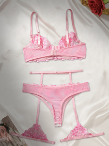 Set Lingerie Wanita 3-Piece Bordir Bunga Pink Seksi, Kontrol Ringan, Cepat Kering, Bernapas, Bra, Panty, dan Garter Belt - Product Image 3