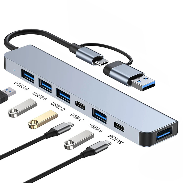 Aluminum 7 in 1 USB C Hub With USB 3.0 USB 2.0 Ports With PD 60w Power Charger for Type C Devices