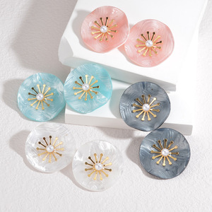 Resin Flower <b>Stud</b> <b>Earrings</b> with Pearl Center & 18K PVD Gold Stainless Steel Accent | Lightweight <b>Earrings</b> for Women & Girls - Product Image 1