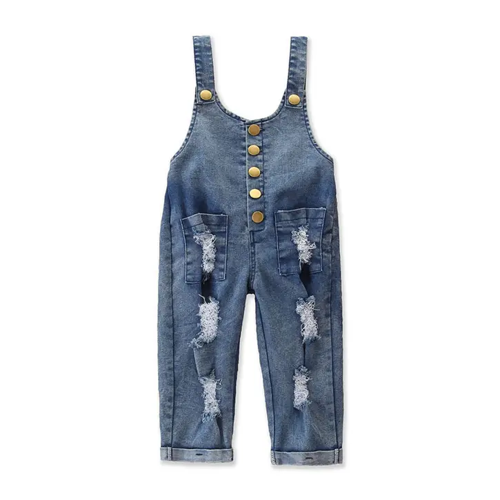 2021 Ins Nieuwe Zomer Meisjes Blauw Denim Broek Mode Overalls Jumpsuit Broek Jeans Ripped Jarretel Broek Voor Kinderen Meisje