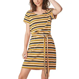 China Manufacturer Custom Women Clothes 100% Cotton Striped Short Sleeve Scoop Neck T-shirt Casual Dress