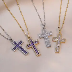 DAIHE-NC6215 Cross Blessing Color Gold-plated Fashion Zircon Customized Logo 925 Silver Factory Chain Necklace