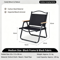 Chaise pliante légère en gros, chaise de camping en tissu Oxford monocouche avec accoudoirs en bois de hêtre pour l'extérieur