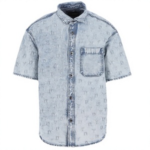 Light Blue Oversized <b>Denim</b> <b>Shirt</b> Custom Printed Short Sleeve Mandarin Collar 100% Cotton Anti-Wrinkle Quick Dry Spring - Product Image 1