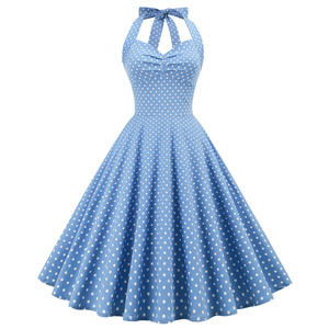2025 Venta caliente Vintage Polka Dots Dress Halter Backless Tie-Up Cintura Palace Style Flared Maxi Dress para mujeres - Product Image 4