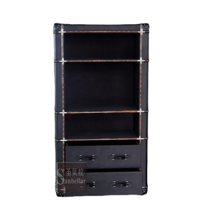 Foshan Factory Directly OEM ODM Retro Vintage negro cuero librería 3 niveles con 2 cajones madera ratán almacenamiento estantería hogar - Product Image 5