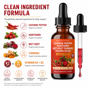 Suplemento Herbal de Etiqueta Privada OEM/ODM Personalizado con Pimienta Cayena, Espino Blanco, Raíz de Remolacha y Cúrcuma en Gotas Líquidas de 60 ml con Vitamina K2 y D3 - Product Image 2