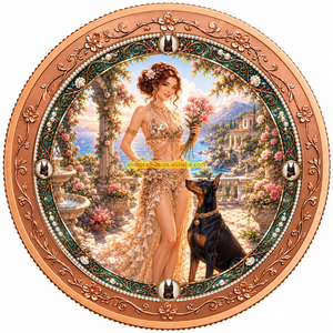 Médaille en cuivre colorée en relief de <span class=keywords><strong>Doberman</strong></span> <span class=keywords><strong>Pinscher</strong></span> et Jeune Fille, 1 oz Troy, Cuivre Pur 999, Artisanat d'Art Animalier, Objets de Collection, Cadeau - Product Image 2