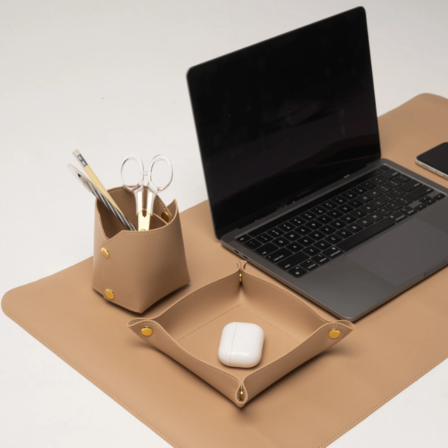 RR Leather Desk Organization Kit Set Desktop Storage Accessories 3 PCS Pen Pencil Holder Leather Trays Desk Pad Mat for Office