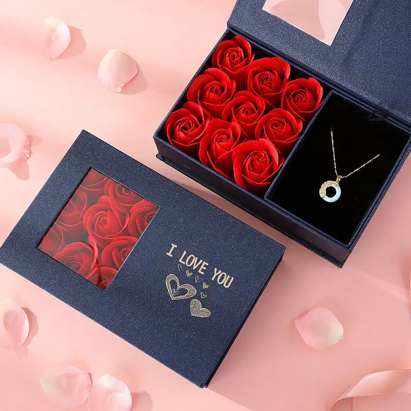 Siempre brillante venta al por mayor caja de regalos de flores rosas preservadas joyería anillo collar 9 caja de rosas inmortales regalo del Día de San Valentín 2024