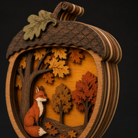 Boîte à ombres 3D personnalisée en forme de gland superposé |   Scène de forêt d'automne découpée au laser en contreplaqué de peuplier |   Décoration murale sur le thème de la faune : renard