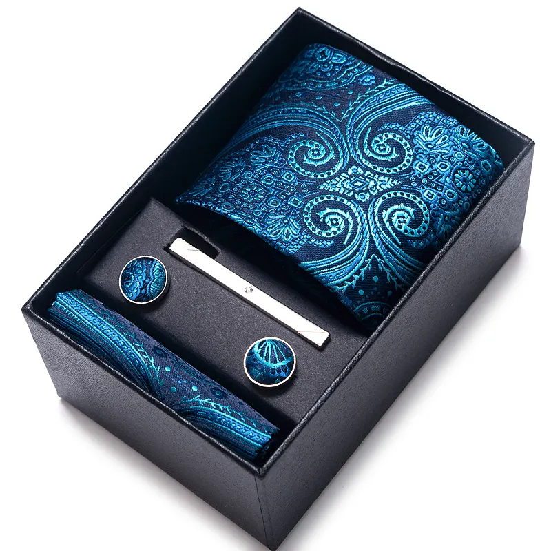 Wholesale New Style Silk Wedding Gift Tie Fit Wedding Blue Paisley Pocket Square Box Necktie Set for Men