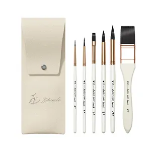 Wholesale Price 6PCS Black Nylon Artist Paint Brush Logo Customized Artist Flat Round Brushes Set For Acrylic Kids Beginners