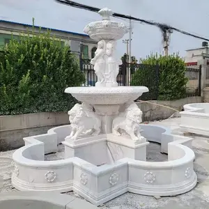 Fuentes de agua de piedra de jardín tallado fuente de León de mármol blanco grande con estatuas de Dama