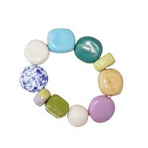 Handmade Resin Bead <b>Bracelet</b> Irregular Shape Multicolor Chunky <b>Stretch</b> Jewelry Crafted With Hand-Painted Details - Product Image 1