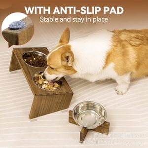 Soporte elevado de madera para comederos de mascotas (gatos y perros) con cuencos de acero inoxidable, estación de alimentación dual, diseño sencillo - Product Image 2