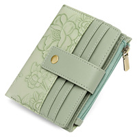 Dompet Kecil Kulit PU Bermotif Bunga untuk Wanita, Hijau Muda, Tipis, Banyak Slot Kartu dengan Kantong Koin Ber-resleting