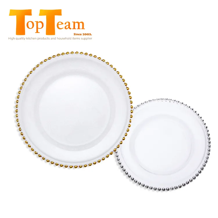 7.5 Inch White Gold Kralen Velg Pearl Clear-Plastic-Oplader-Platen-Met-Goud-Kralen bruiloft Plastic Gold Charger Plaat