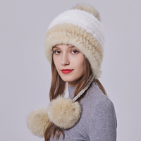 Chapeau tissé en fourrure de vison pour femmes chapeau chaud d'hiver avec pompon en fourrure de renard chapeau de ski de neige