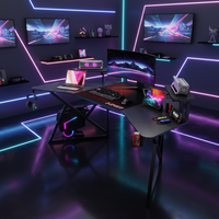 Bureau de jeu moderne noir réglable avec éclairage LED RGB Guanfu, surface en fibre de carbone, table d'ordinateur en métal, Gamer XW001-bk