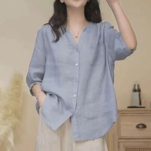 <b>Women's</b> Cotton <b>Linen</b> <b>Shirt</b> V-Neck Loose Fit Casual Top <b>Navy</b> Blue Summer Blouse - Product Image 3