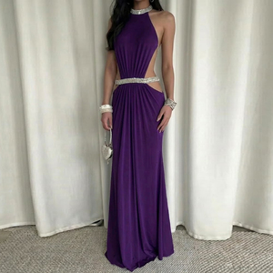 Robe longue décontractée pour femme, col montant, découpes, tricotée, dos nu, sans manches, couleur unie, pour les vacances - Product Image 4