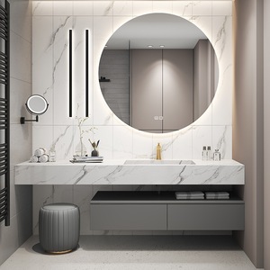 Muebles de Baño Modernos de Lujo, Gabinetes de Madera Contrachapada Montados en la Pared, Encimera de Pizarra, Mueble de Baño Flotante para Hotel o Apartamento con Lavabo Doble - Product Image 6