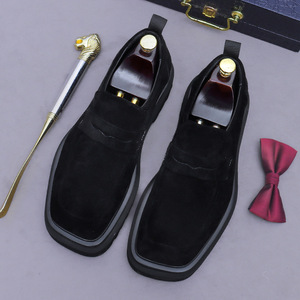 Thick-soled, lightweight, anti-slip suede leather loafers, men's business formal dress shoes with square toe and <b>matte</b> finish - Product Image 3