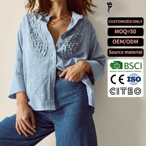 Camicetta Casual da Donna Oversize Vintage <span class=keywords><strong>a</strong></span> <span class=keywords><strong>Righe</strong></span> <span class=keywords><strong>Blu</strong></span> <span class=keywords><strong>e</strong></span> Bianche con Colletto Rialzato, Maniche <span class=keywords><strong>a</strong></span> 3/4 <span class=keywords><strong>e</strong></span> Dettaglio Arricciato sul Retro - Product Image 1