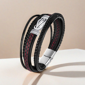 Custom Made Figure Eight Stainless Steel <b>Leather</b> Rope <b>Bracelet</b> For Men Multi Layer Woven Black Steel Color Gift Jewelry - Product Image 3