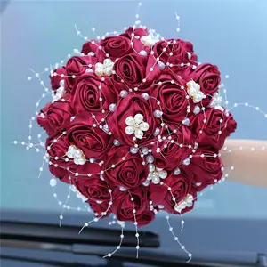 人造玫瑰花束丝带珍珠串珠水钻伴娘新娘举行花束婚礼用品