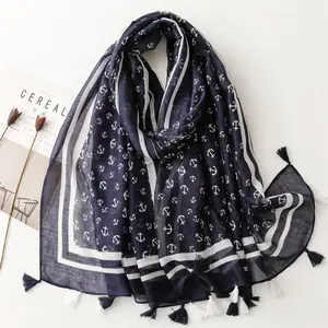 Europe fashion custom soft thin ship anchor pattern printed shawls women scarf fashion navy anchor polyester cotton scarves