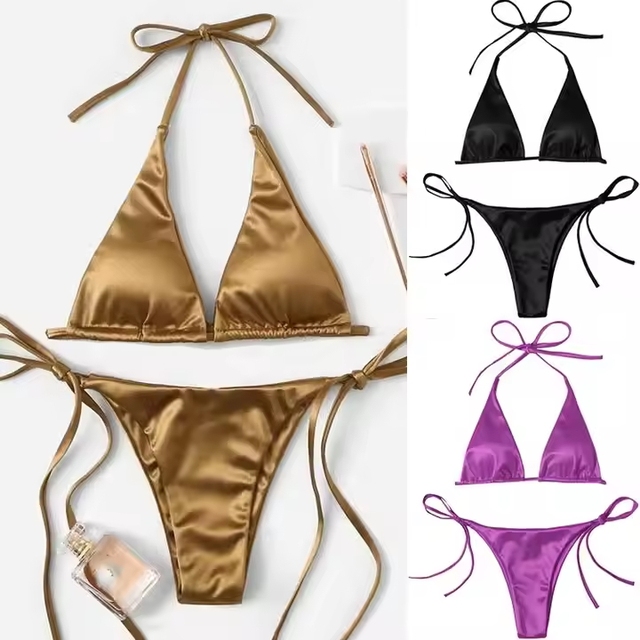 Women Clothing Wholesale Dropship Solid Color Satin Bikini Set High Elastic Fashion String Sexy Two-Piece Set