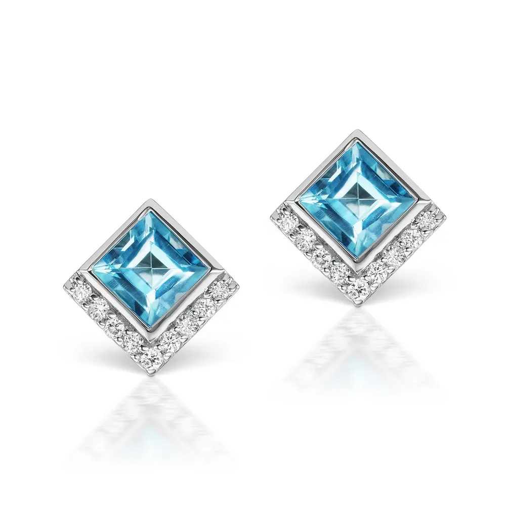 Fashion Jewelry White Gold Italy Square Stud Earrings With CZ Stone Silver 925