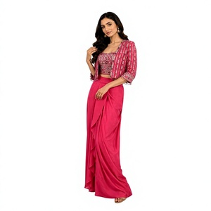 Women <b>RED</b> Embroidered Ethnic Dress Set With Floor-Length Skirt And <b>Crop</b> <b>Top</b> Traditional Party Wear India Pakistan Style - Product Image 1