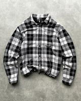 Chemise-veste en flanelle à carreaux doublée polaire, coupe courte, ourlet à cordon de serrage, motif noir et blanc, style oversize, streetwear personnalisé